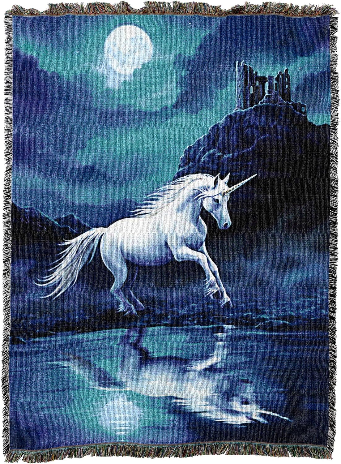 Moonlight Unicorn depicts a mythical unicorn figure under the glow of a moonlit night